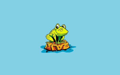 Зеленая лягушка сидит на коричневом камне, окруженном водой, на светло-голубом фоне