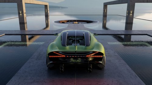 Зеленый Bugatti Brouillard у бассейнов на фоне гор сзади
