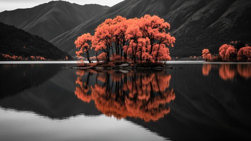 Деревья с покрасневшей листвой на острове посреди горного озера