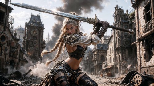 Блондинка в костюме в стиле стимпанка с длинными косами позирует с большим мечом, поднятым над головой