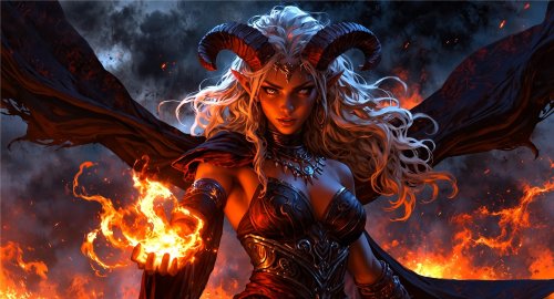 Демоница на фоне огня протягивает руку, в которой пламя