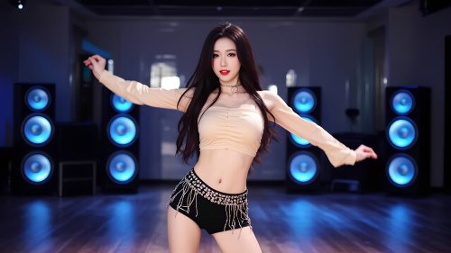 Девушка азиатка в шортах позирует на фоне динамиков