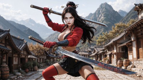 Девушка стоит в стойке посреди улицы восточного поселения, держа два меча