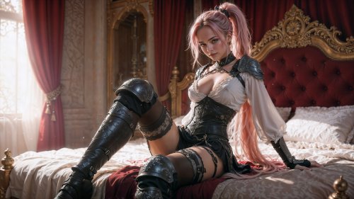 Девушка в кожаных доспехах сидит на постели в своих покоях