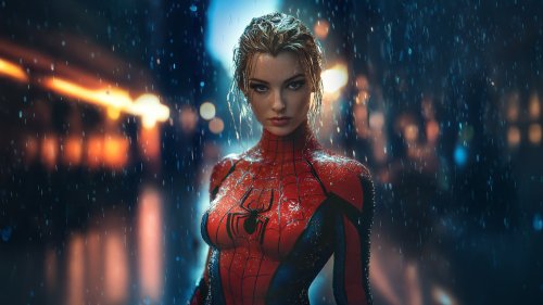 Девушка в красно-синем костюме Спайдера / Spider с эмблемой паука на груди смотрит прямо под дождем