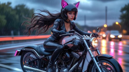 Девушка в шлеме кошки едет на мотоцикле по мокрой дороге в дождливую погоду