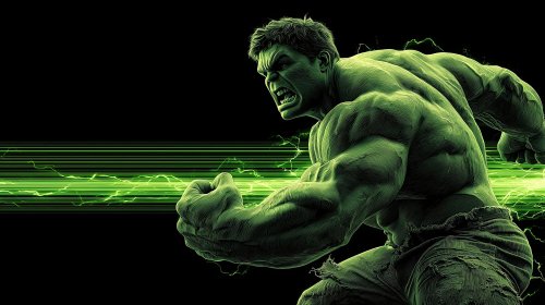 Hulk из Marvel Comics, персонаж с зеленым телом и рваными штанами, изображен в яростной позе с напряженными мышцами