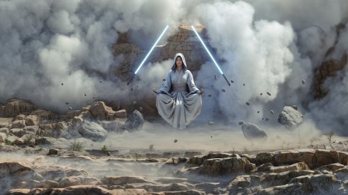 Jedi из фильма Star Wars в светлом костюме медитирует в воздухе, два синих световых меча рядом, на фоне скалистого пейзажа с дымом и парящими камнями