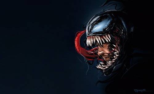 Крупный план головы Венома / Venom, Симбиота / Symbiote из вселенной Marvel, открывающего пасть с острыми зубами и длинным красным языком