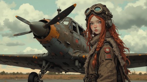 Молодая девушка пилот с длинными рыжими волосами стоит в летной форме перед своим самолетом стоящим на взлетной полосе