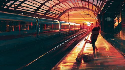 Мужчина и женщина обнимаются на железнодорожной платформе, рядом с ними багаж, на фоне длинного поезда