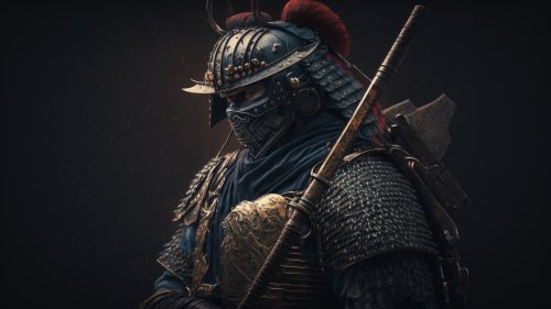 Мужчина в детализированном костюме самурая с шлемом и маской держит древковое оружие, на фоне темной текстурированной стены