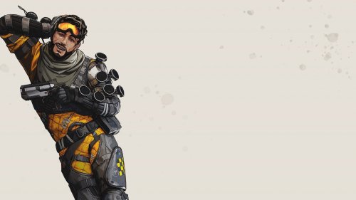 Мужчина в желто-сером тактическом костюме из игры Apex Legends держит пистолет, опираясь на руку головой, на светлом бежевом фоне