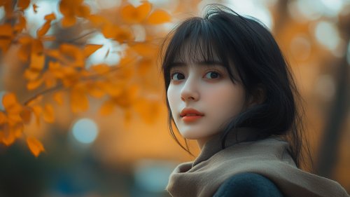 Портрет молодой девушки с темными волосами и челкой, на фоне размытых оранжевых осенних листьев
