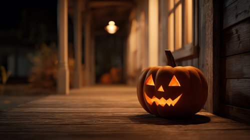 Светильник Джека с вырезанным лицом и светящейся внутри подсветкой на деревянном полу веранды, на фоне деревянных колонн и окон в ночное время