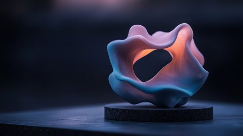 Абстрактная скульптура с плавными изгибами и отверстиями, подсвеченная изнутри оранжевым и синим цветом, на темной круглой подставке