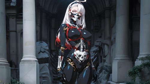 Аниме-девушка с белыми волосами, в черном костюме с изображением скелета и маской на лице, позирует с нимбом над головой на фоне каменных колонн