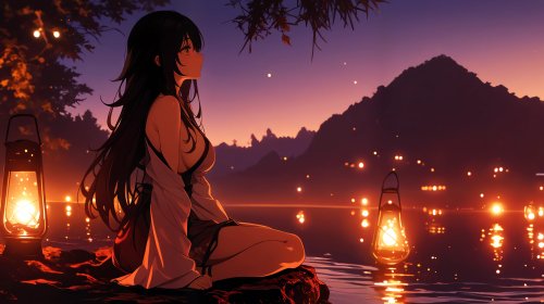 Девушка с длинными темными волосами на камнях у воды, рядом две горящие лампы, в стиле Lofi и Lounge, на фоне заката и гор
