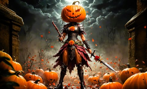 Девушка с головой-тыквой в темном костюме и доспехах с двумя мечами, окруженная тыквами и опавшими листьями на фоне мрачных деревьев