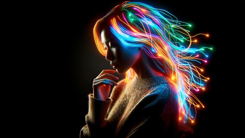 Девушка с неоновыми волосами на черном фоне