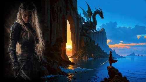 Девушка стоящая с мечем на скале у входа в бухту с сидящим драконом на фоне белокурой воительницы