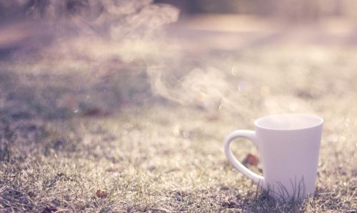 Белая кружка с дымящимся напитком стоит на траве