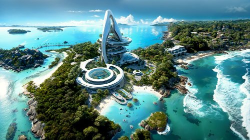 Футуристический белый небоскреб необычной формы на тропическом острове с пышной зеленью и современными постройками