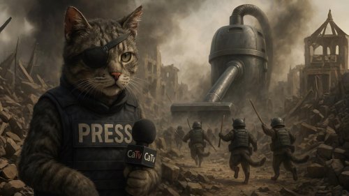 Кот с перевязанным глазом и микрофоном в лапе ведет репортаж с поля боя котов с пылесосом