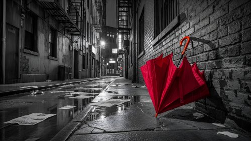 На улице красный зонтик стоит прислоненный к стене дома