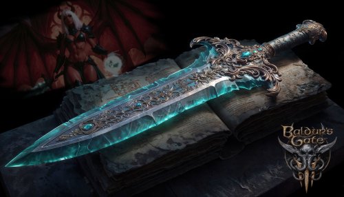Орнаментированный меч с бирюзовым светящимся лезвием лежит на открытой старой книге, из игры Baldurs Gate III