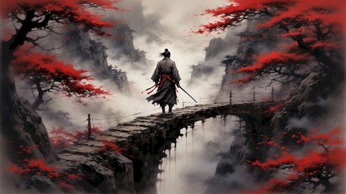 Самурай в темном кимоно с мечом идет по каменному мосту, на фоне туманных гор и деревьев с ярко-красными листьями