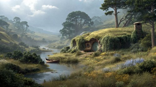 The Shire, из фильма Властелин колец, хоббитская нора с круглой зеленой дверью и каменной тропинкой у реки