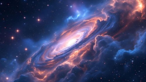 Спиральная галактика с сияющим центром и оранжево-голубыми туманностями, окруженная множеством звезд на темном космическом фоне