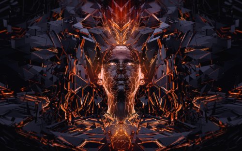 Темная голова с сияющими оранжевыми линиями и светящимися глазами, окруженная сложными геометрическими формами, на фоне абстрактной структуры