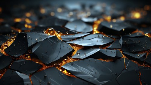 Темные угловатые фрагменты с каплями воды на поверхности, между которыми видна светящаяся золотистая жидкость с пузырьками