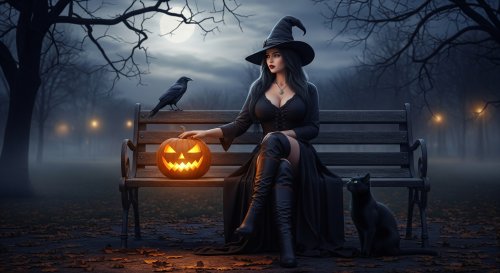 Ведьма сидящая на скамейке в вечернем парке рядом со светильником Джека