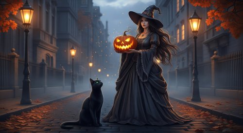 Ведьма в черном платье и шляпе держит светильник Джека, рядом черный кот на мощеной улице с осенними листьями