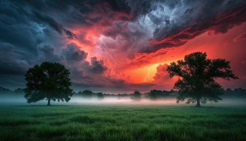 Зеленое поле с двумя деревьями в тумане, на фоне грозового неба с красными и темными облаками, пронизанного молниями