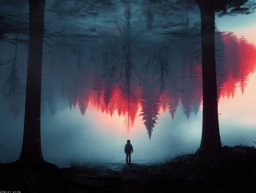Человек в куртке с капюшоном между двумя большими деревьями на фоне перевернутого леса, отражающегося в воде с красным свечением в тумане