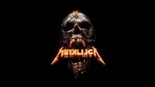 Череп с руками в глазницах и светящимся логотипом музыкальной группы Metallica / Металлика во рту на черном фоне