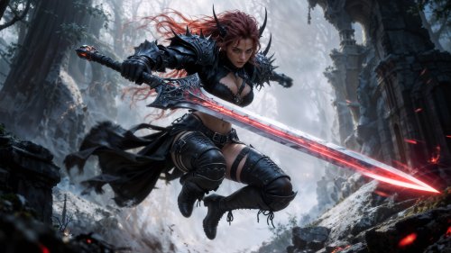 Девушка с рогами в доспехах прыгнула держа красный волшебный меч в руке