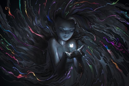 Девушка с закрытыми глазами держит в руках светящуюся белую бабочку на фоне темной жидкости с разноцветными вкраплениями