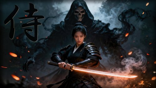 Девушка в черном самурайском костюме держит светящийся меч-катану на фоне скелета в черном плаще с капюшоном, дыма и летящих искр