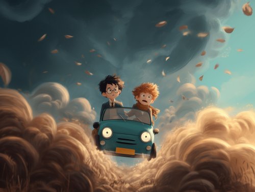 Два мальчика, Гарри Поттер и Рон Уизли, летят в синем автомобиле из фильма Гарри Поттер и Тайная комната / Harry Potter and the Chamber of Secrets