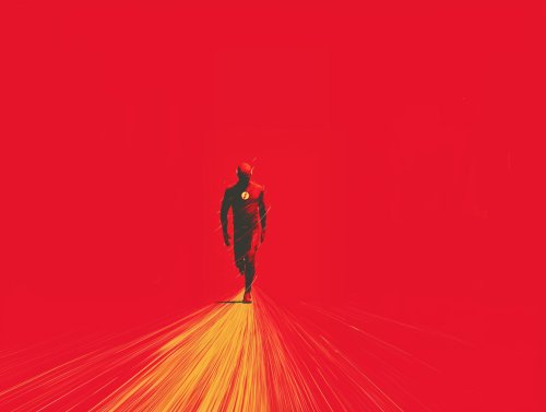 Флэш из вселенной DC Comics / DC Comics universe в красном костюме идет вперед, оставляя за собой желтый световой след, на красном фоне