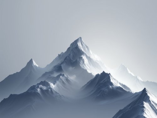 Горный хребет с заснеженными вершинами, окутанный легкой дымкой, на фоне светлого неба