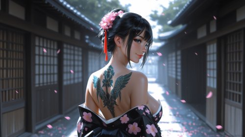Японская девушка в кимоно с татуировкой на спине на фоне японских домиков