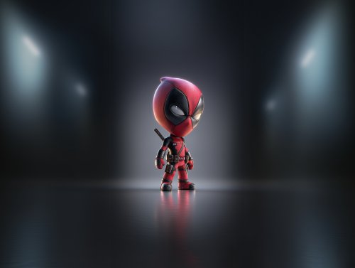 Маленькая фигурка Дэдпул / Deadpool на темной отражающей поверхности на темном фоне с прожекторами