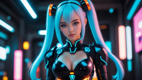 Молодая девушка с длинными голубыми волосами в футуристическом черном костюме с неоновыми элементами смотрит прямо, на фоне размытых разноцветных огне