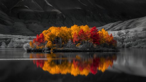 Остров с осенними деревьями посреди озера в горах